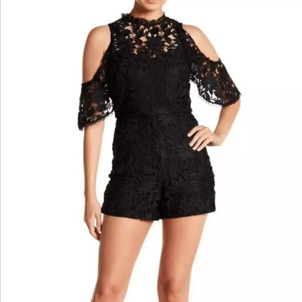 Alice + Olivia Junie Lace Romper Black Cold Shoulder Crew Neck Back Zip 6